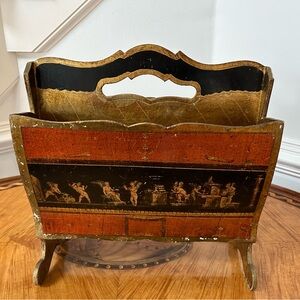 Vintage Distressed Florentine Magazine Rack Hand-Made in Italy Red/Gold/Black
